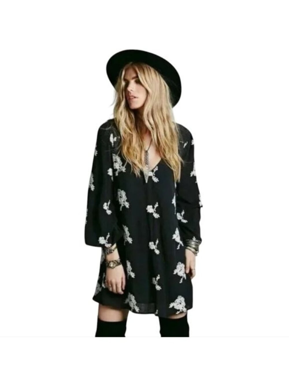Free People Austin Mini Dress Womens S Black White Embroidered Boho Open Back
